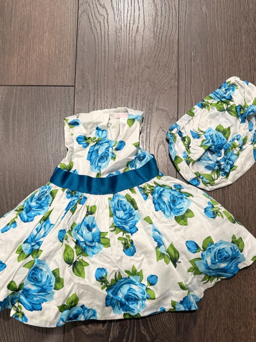 Janie & Jack - White Floral Baby Dress w/Blue Roses & Sash - 3-6 M - w/bloomer